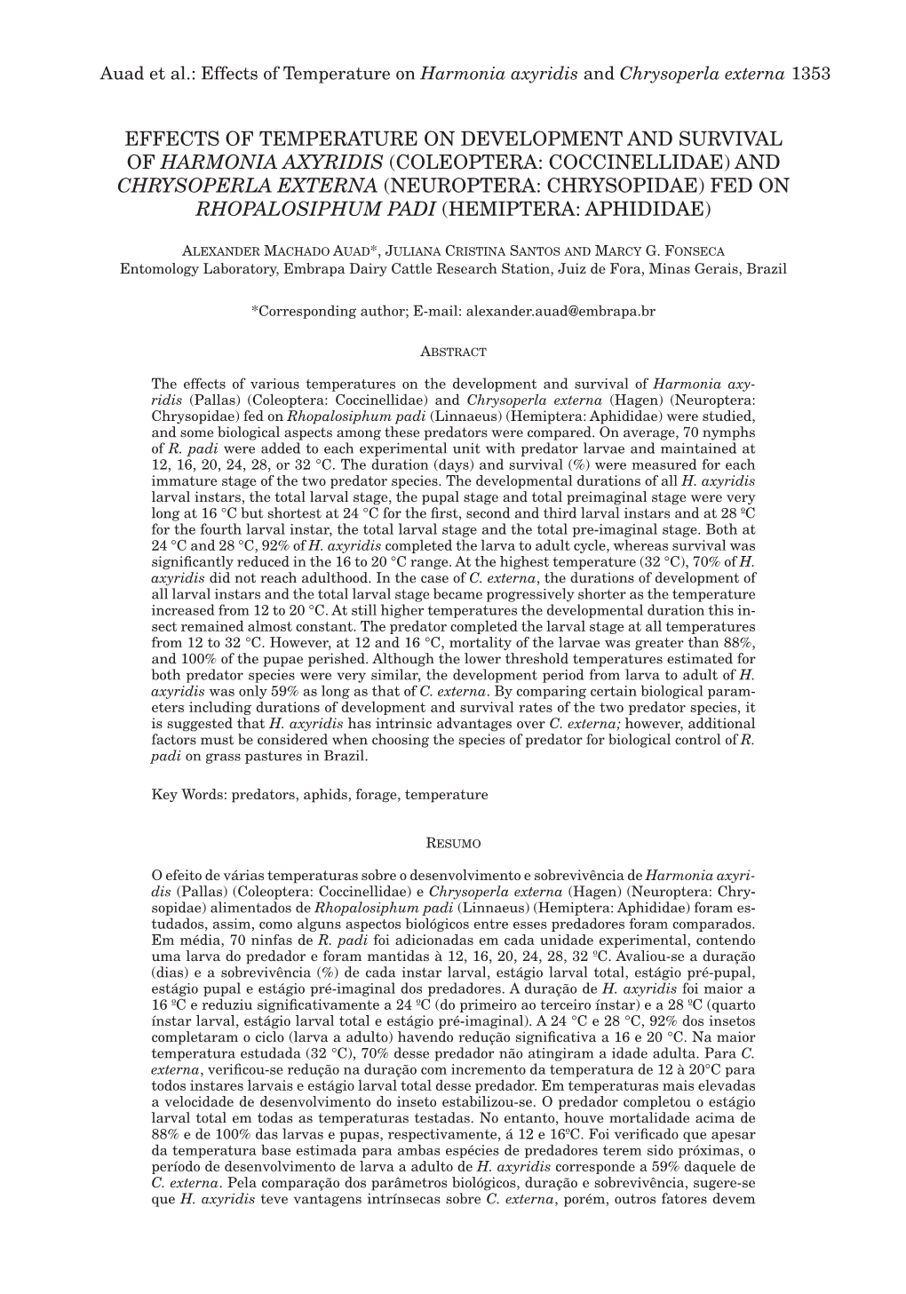 Effects of Temperature on Harmonia Axyridis and Chrysoperla Externa 1353