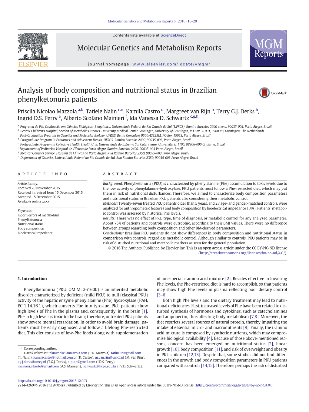 Analysis of Body Composition and Nutritional Status in Brazilian Phenylketonuria Patients