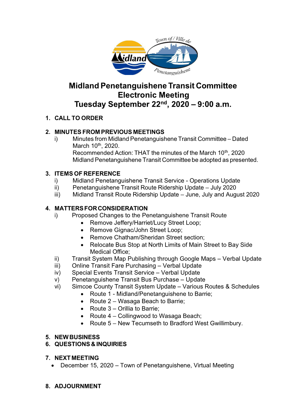 Midland Penetanguishene Transit Committee Electronic Meeting Tuesday September 22Nd, 2020 – 9:00 A.M