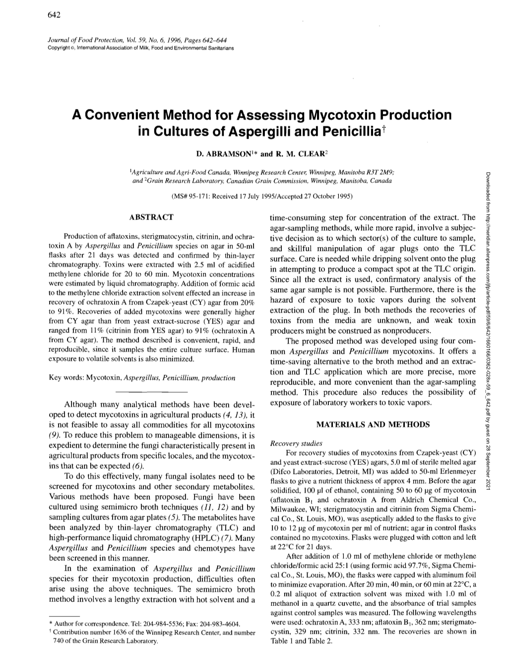 A Convenient Method for Assessing Mycotoxin Production in Cultures of Aspergilli and Penicilliat