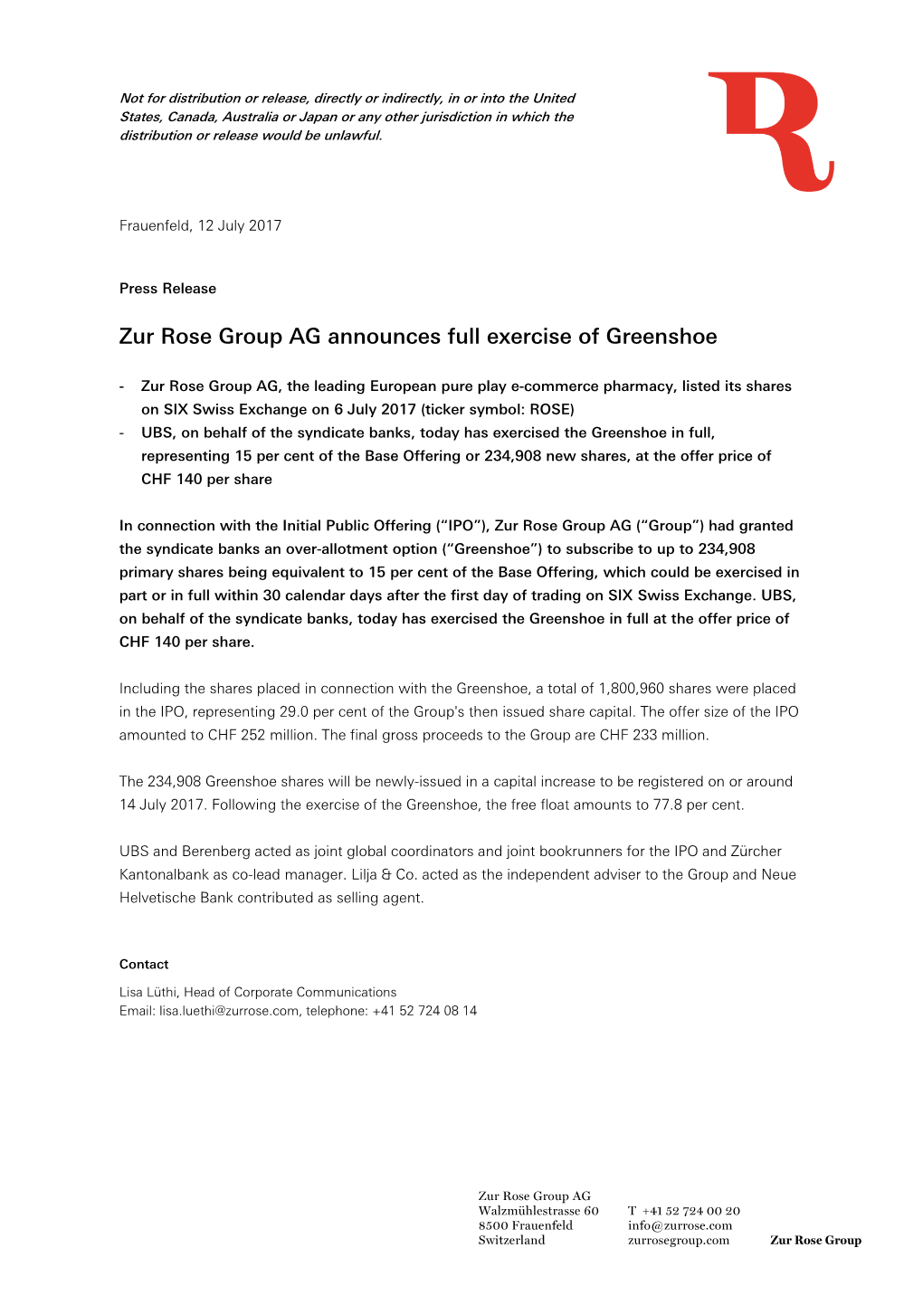 Zur Rose Group AG Announces Full Exercise of Greenshoe