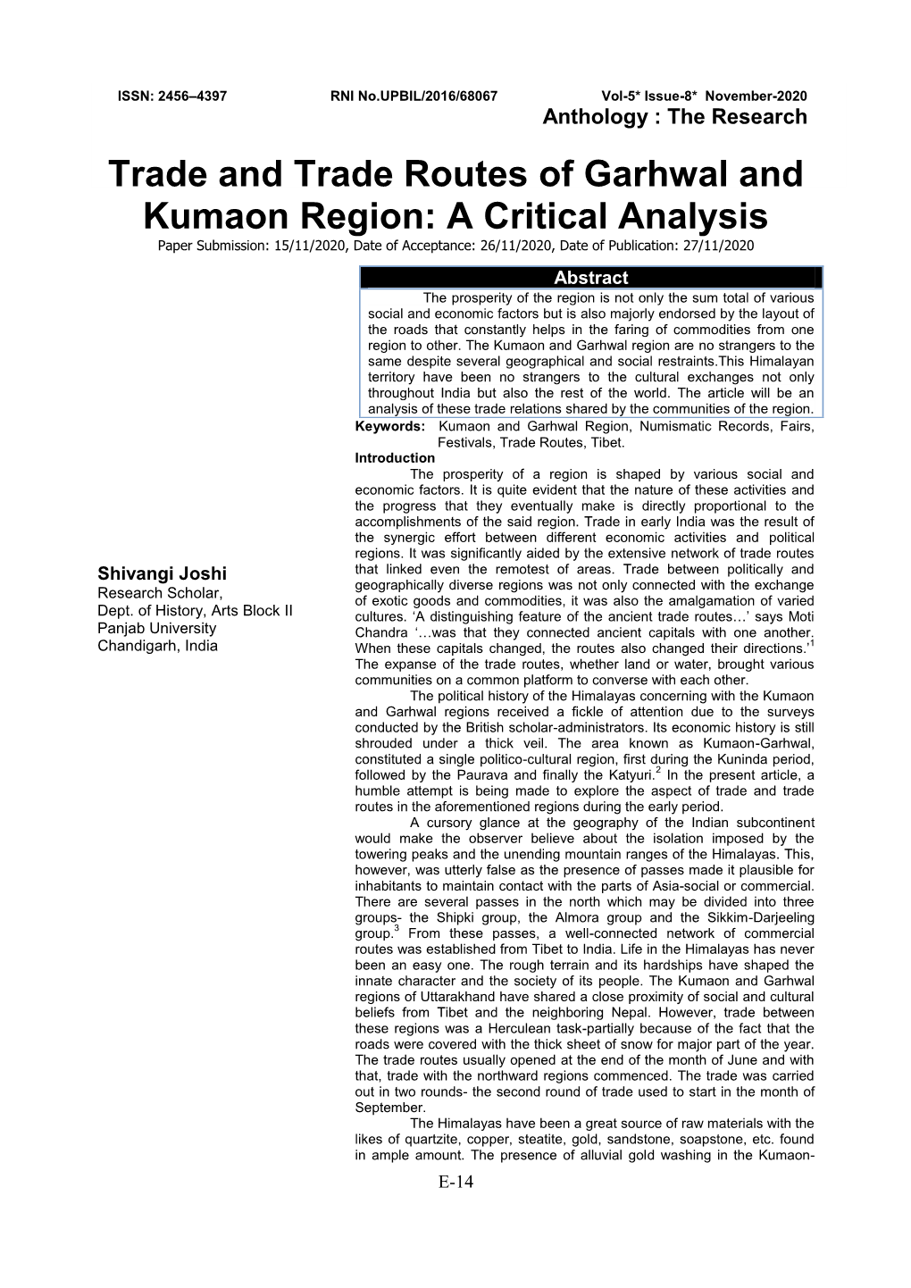 Trade and Trade Routes of Garhwal and Kumaon