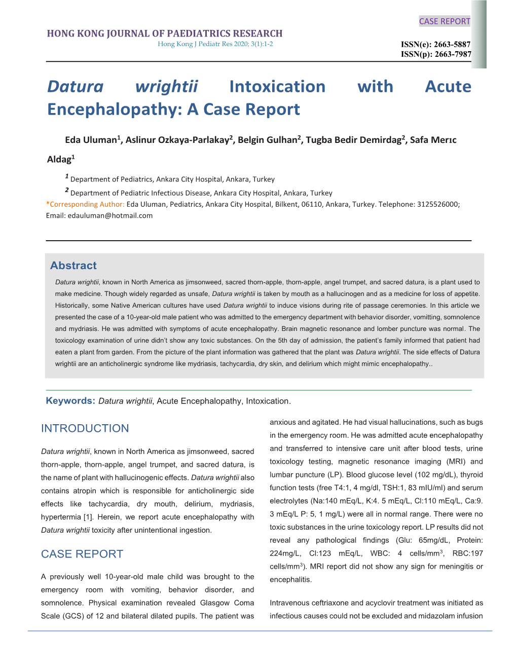 Datura Wrightii Intoxication with Acute Encephalopathy: a Case Report