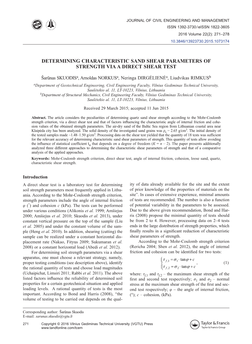 Determining Characteristic Sand Shear Parameters of Strength Via a Direct Shear Test