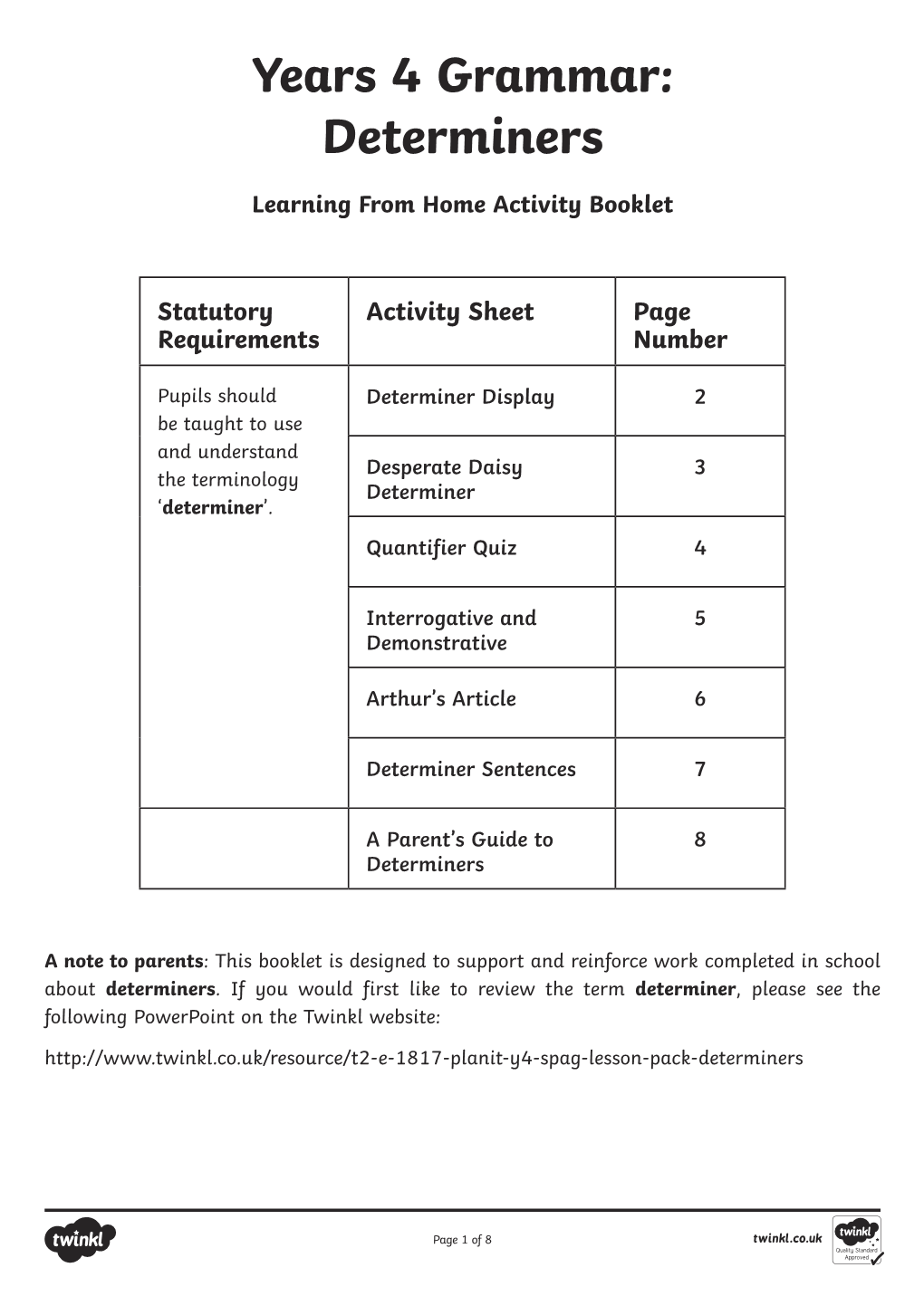 Years 4 Grammar: Determiners