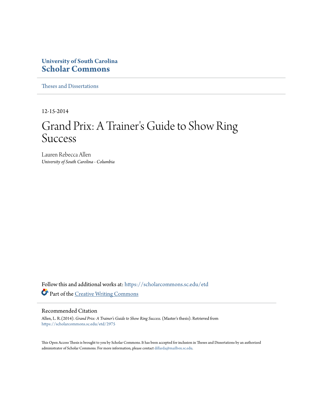 Grand Prix: a Trainer's Guide to Show Ring Success Lauren Rebecca Allen University of South Carolina - Columbia