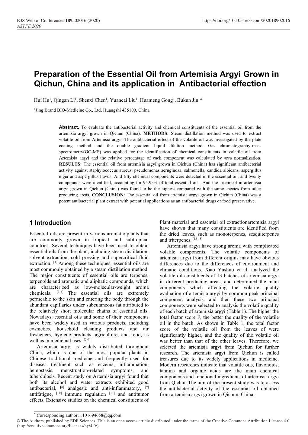 Preparation of the Essential Oil from Artemisia Argyi Grown in Qichun, China and Its Application in Antibacterial Effection