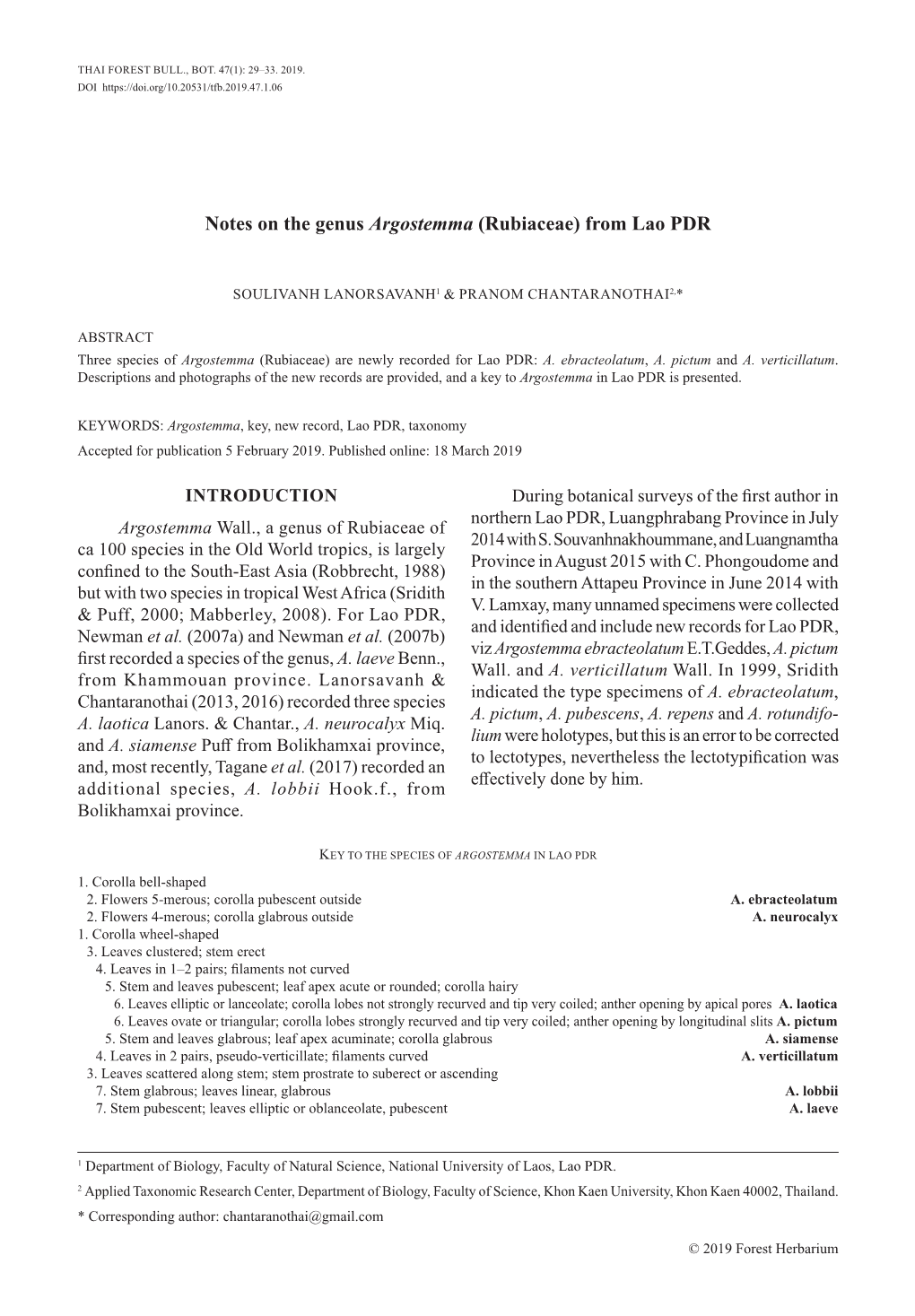 Notes on the Genus Argostemma (Rubiaceae) from Lao PDR