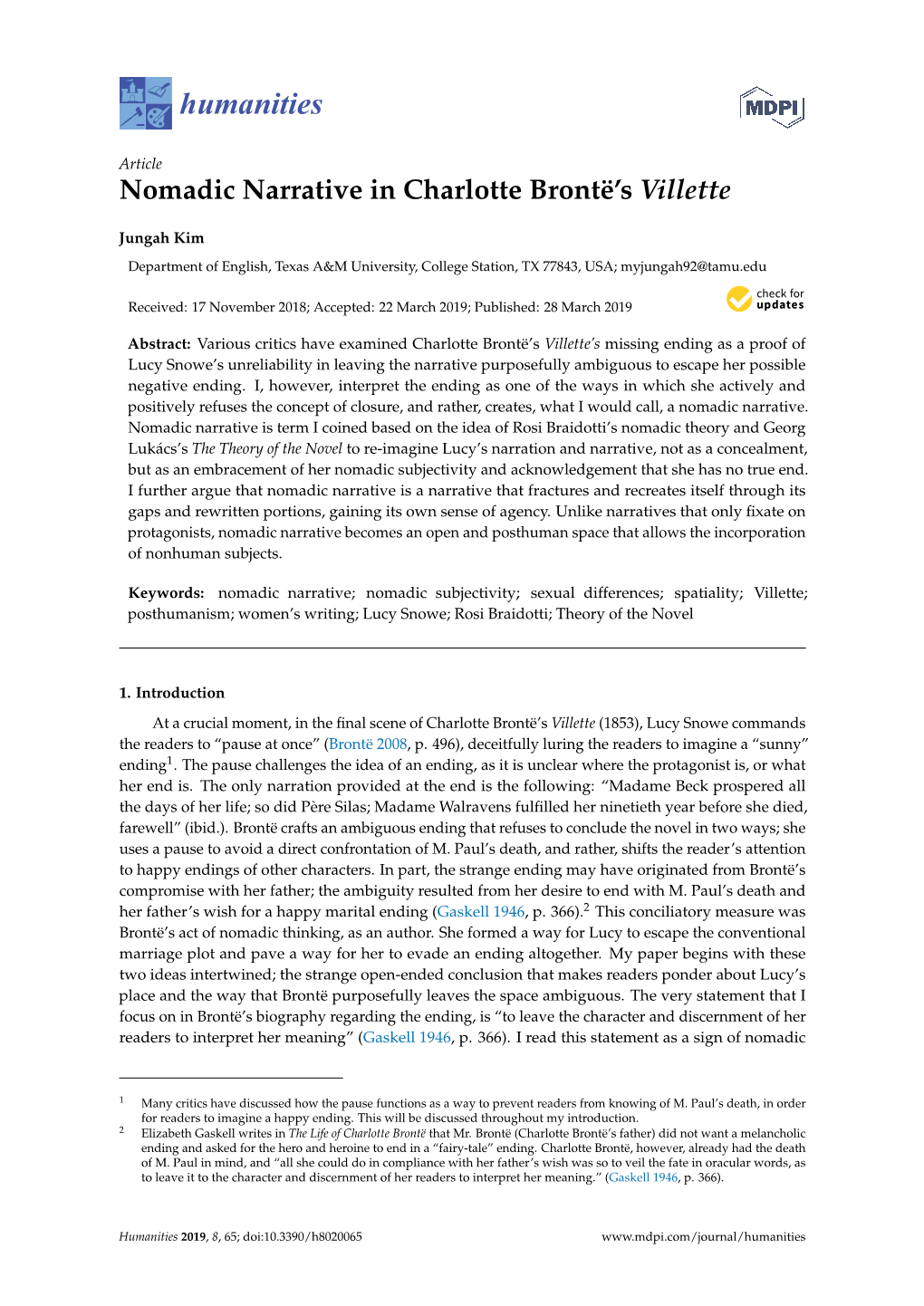 Nomadic Narrative in Charlotte Brontë's Villette