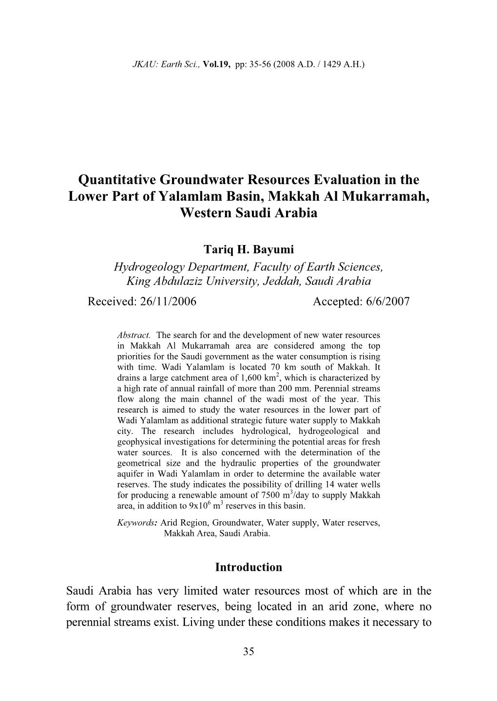 Quantitative Groundwater Resources Evaluation in the Lower Part of Yalamlam Basin, Makkah Al Mukarramah, Western Saudi Arabia