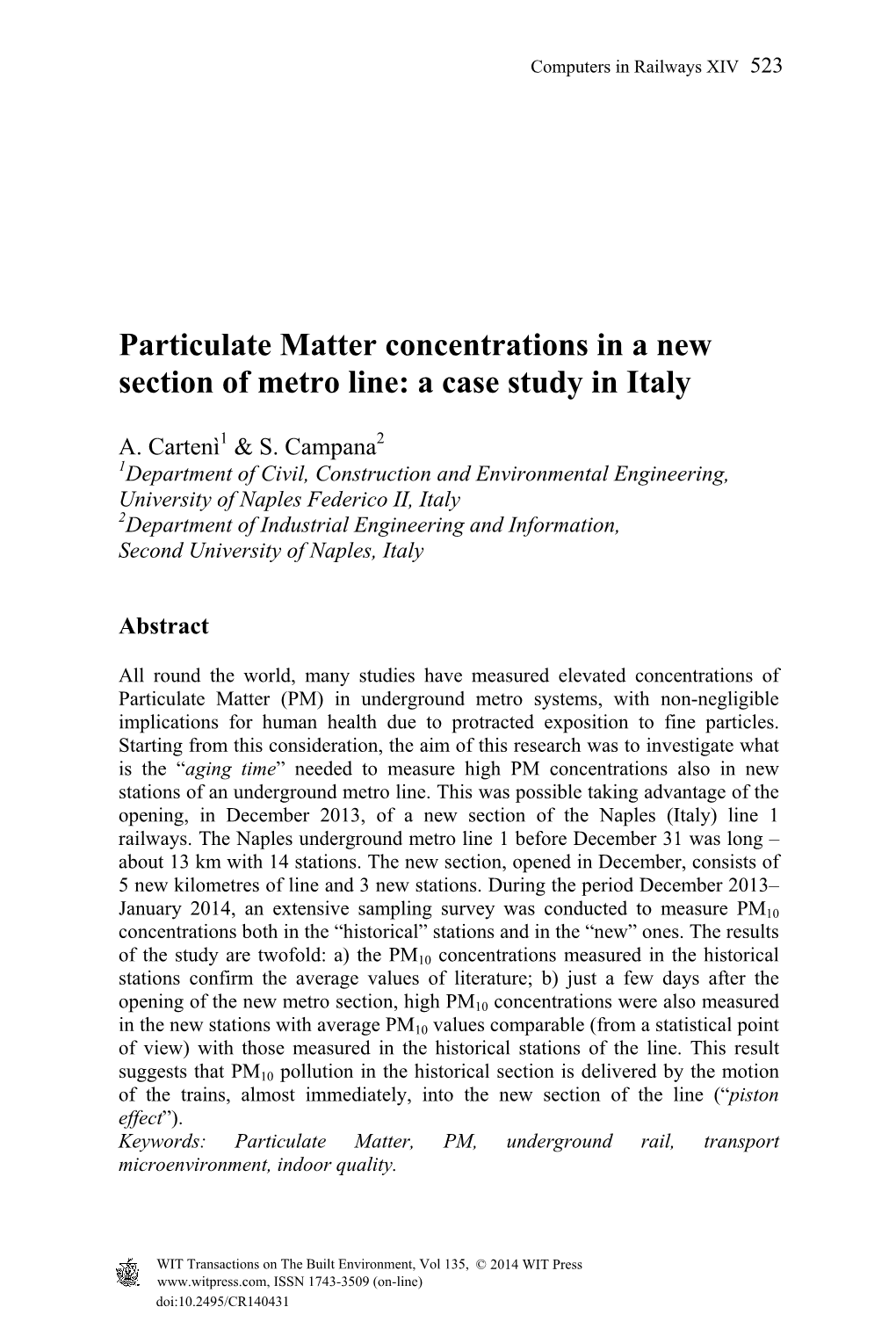 Particulate Matter Concentrations in a New Section of Metro Line: a Case Study in Italy