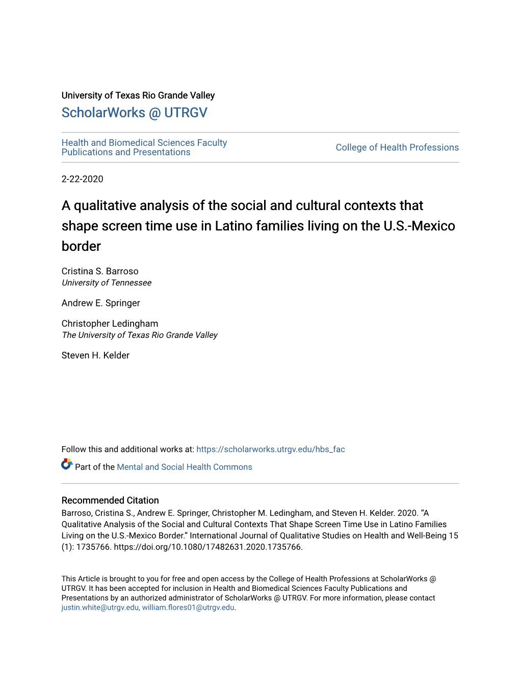 A Qualitative Analysis of the Social and Cultural Contexts That Shape Screen Time Use in Latino Families Living on the U.S.-Mexico Border