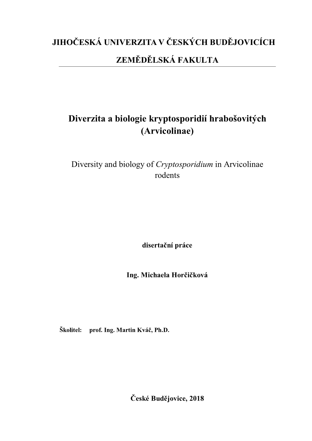 Diverzita a Biologie Kryptosporidií Hrabošovitých (Arvicolinae)