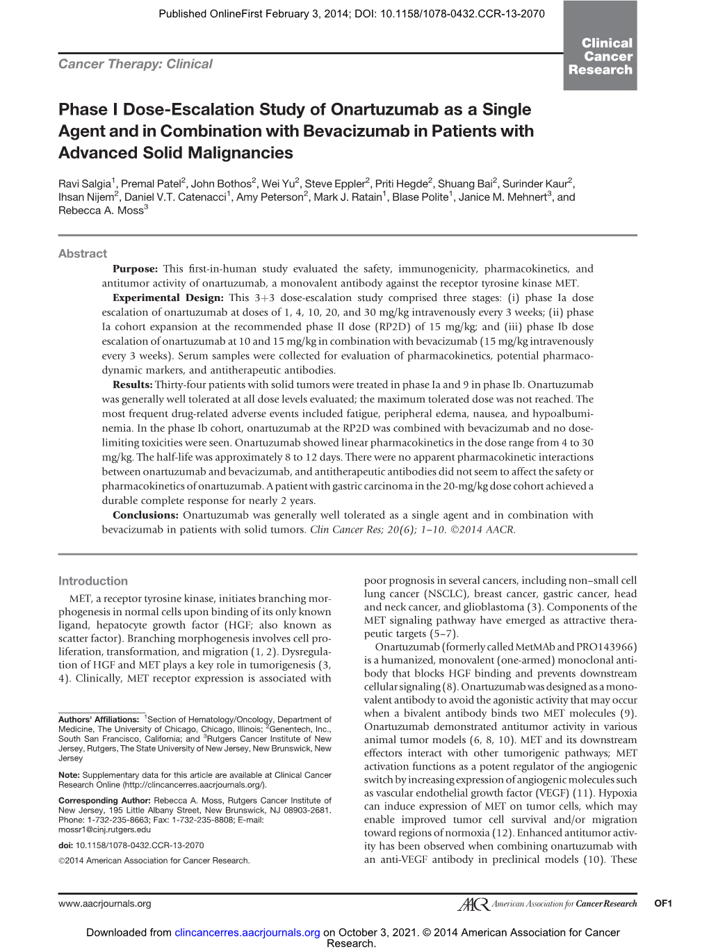 Phase I Dose-Escalation Study of Onartuzumab As a Single Agent and in Combination with Bevacizumab in Patients with Advanced Solid Malignancies