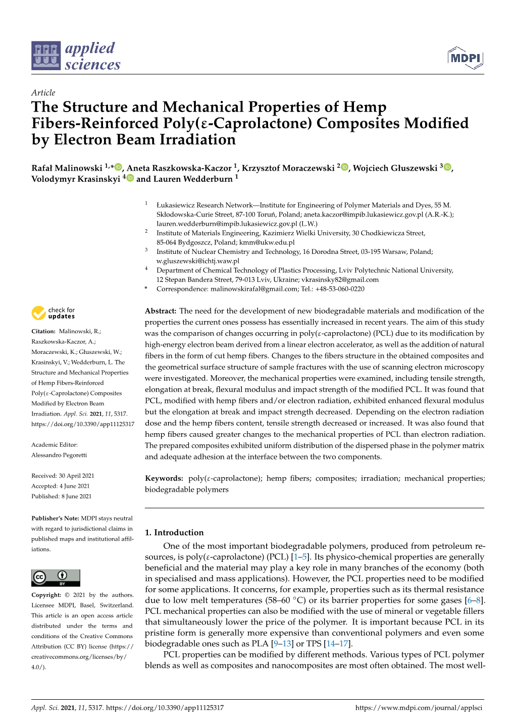 The Structure and Mechanical Properties of Hemp Fibers-Reinforced Poly(-Caprolactone)