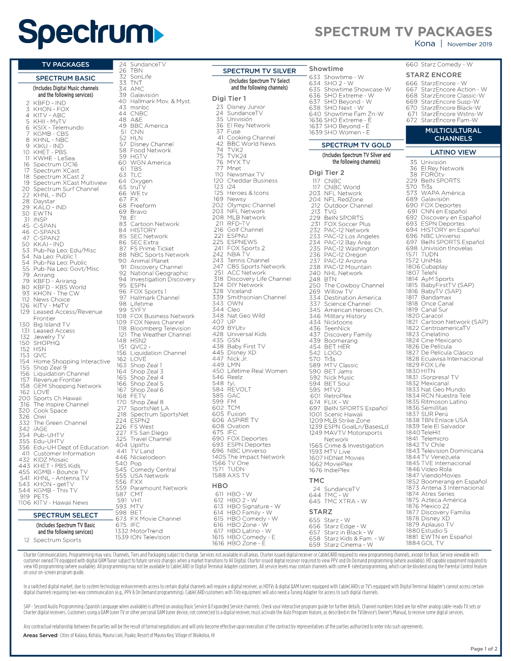 SPECTRUM TV PACKAGES Kona | November 2019