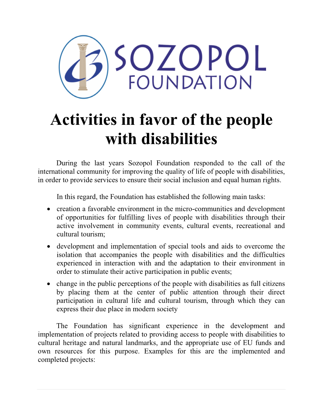 Activities in Favor of the People with Disabilities