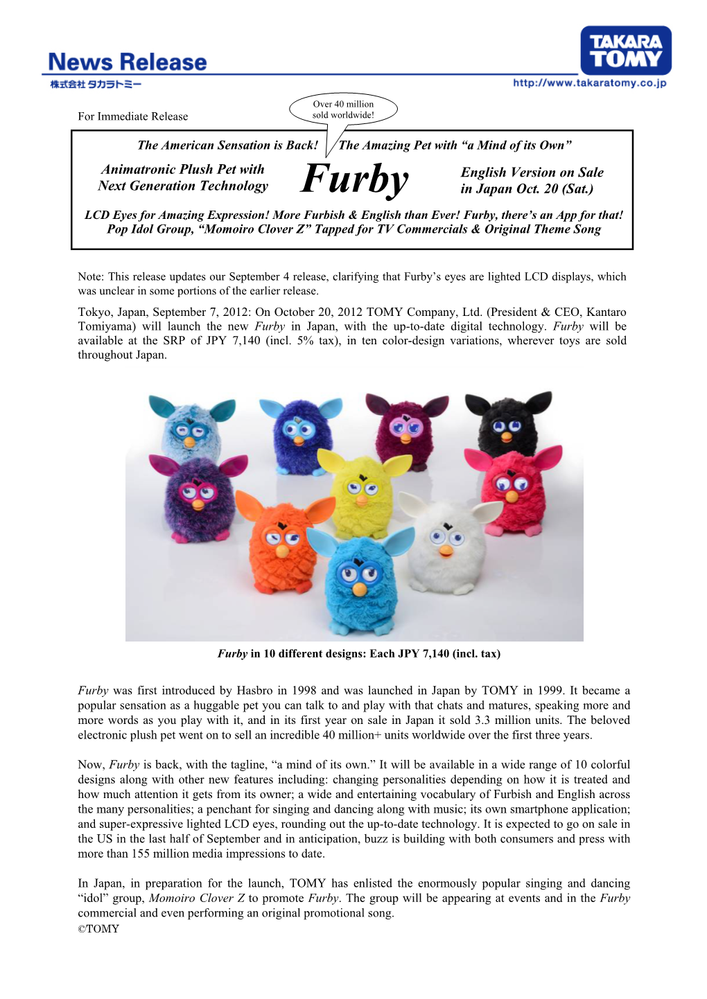 40M+ of the Iconic, Animatronic, Plush Pet "Furby" Sold Worldwide!