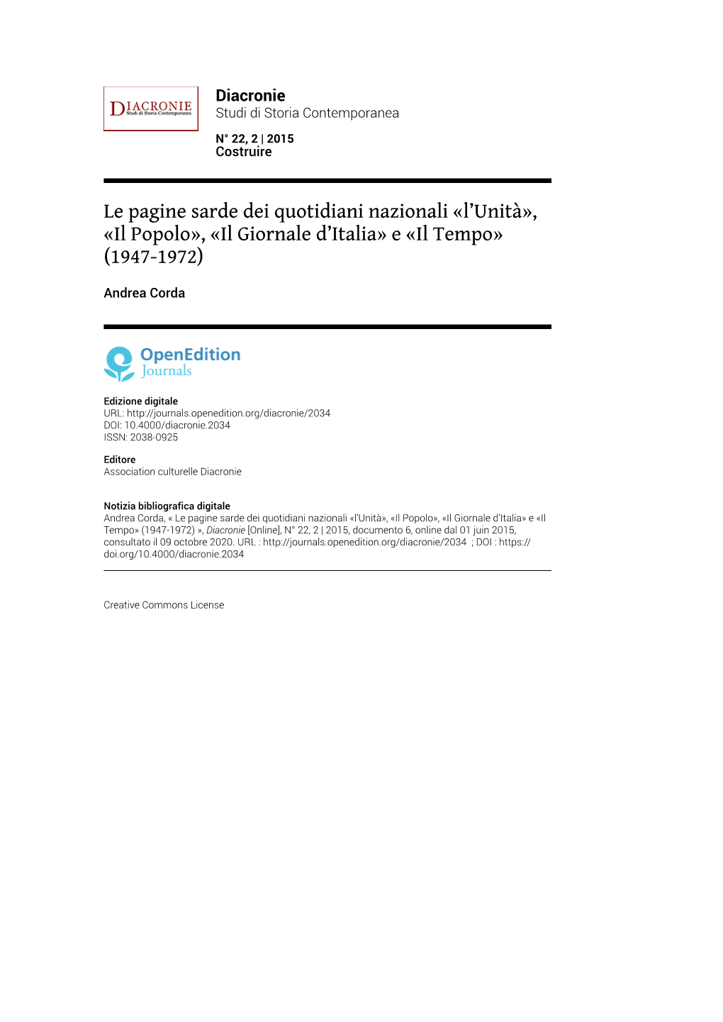 Le Pagine Sarde Dei Quotidiani Nazionali «L'unità», «Il Popolo», «Il