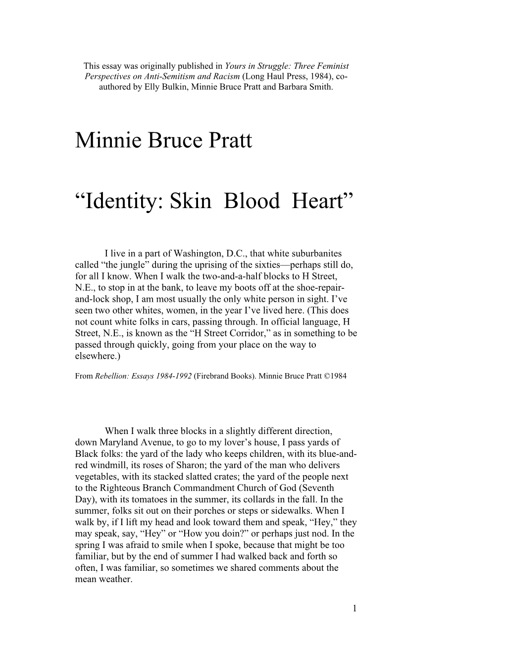 Minnie Bruce Pratt “Identity: Skin Blood Heart”