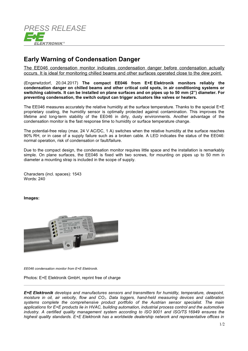 Early Warning of Condensation Danger