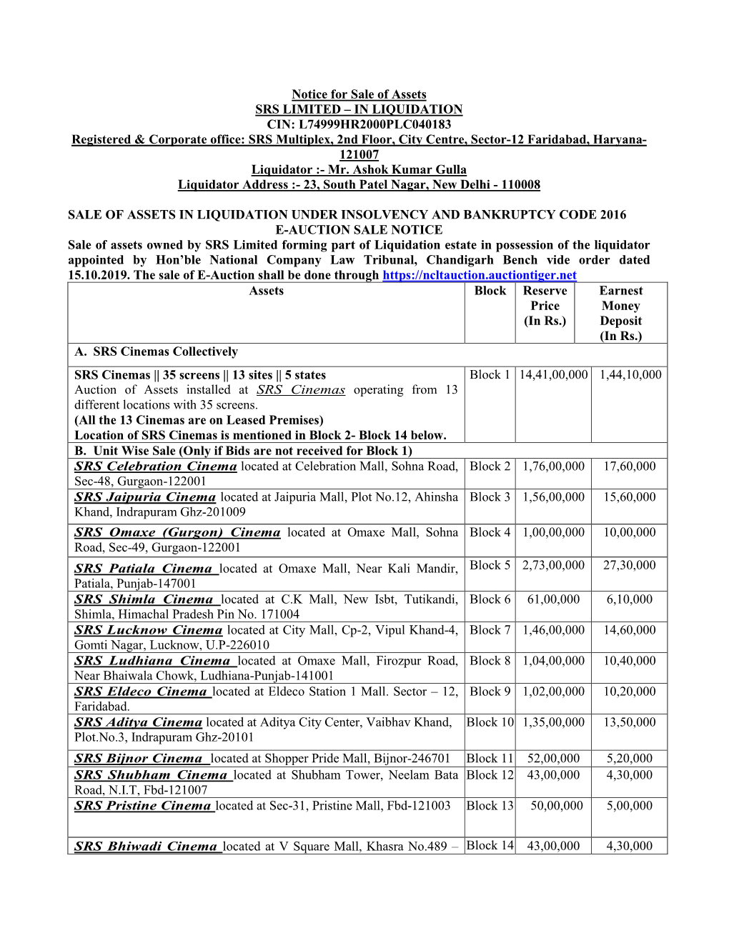 Notice for Sale of Assets SRS LIMITED