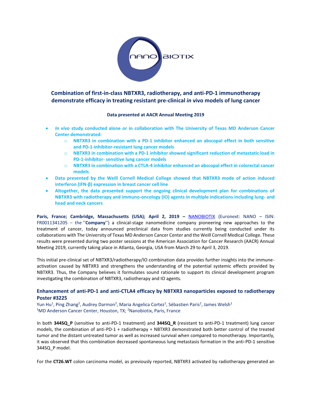 Combination of First-In-Class NBTXR3, Radiotherapy, and Anti-PD-1 Immunotherapy Demonstrate Efficacy in Treating Resistant Pre-Clinical in Vivo Models of Lung Cancer