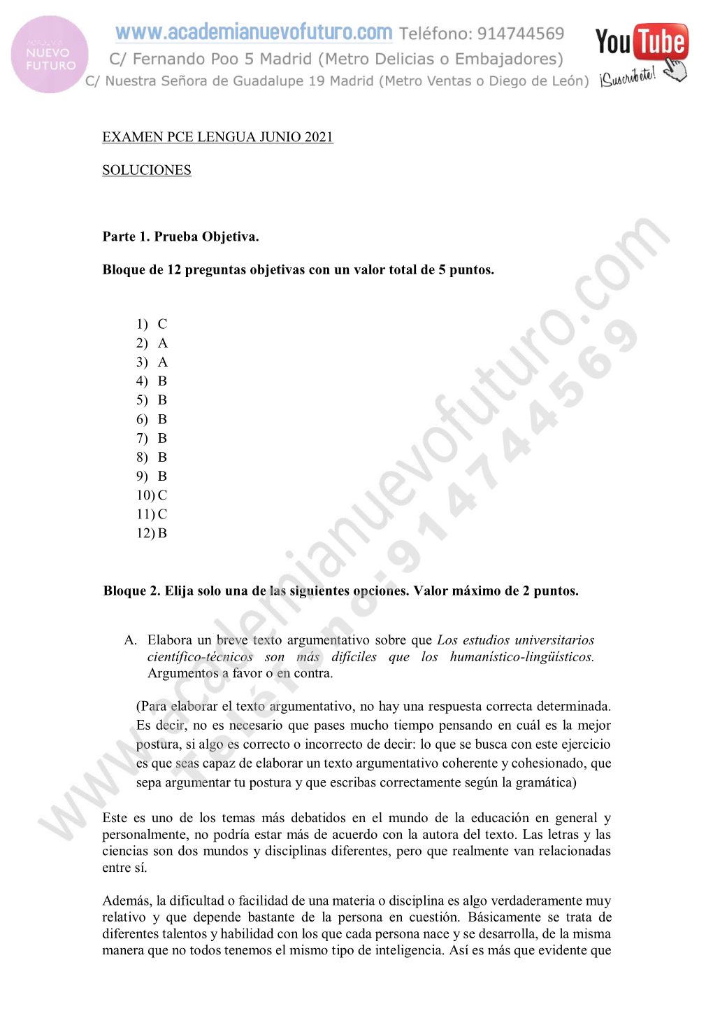 EXAMEN PCE LENGUA JUNIO 2021 SOLUCIONES Parte 1. Prueba