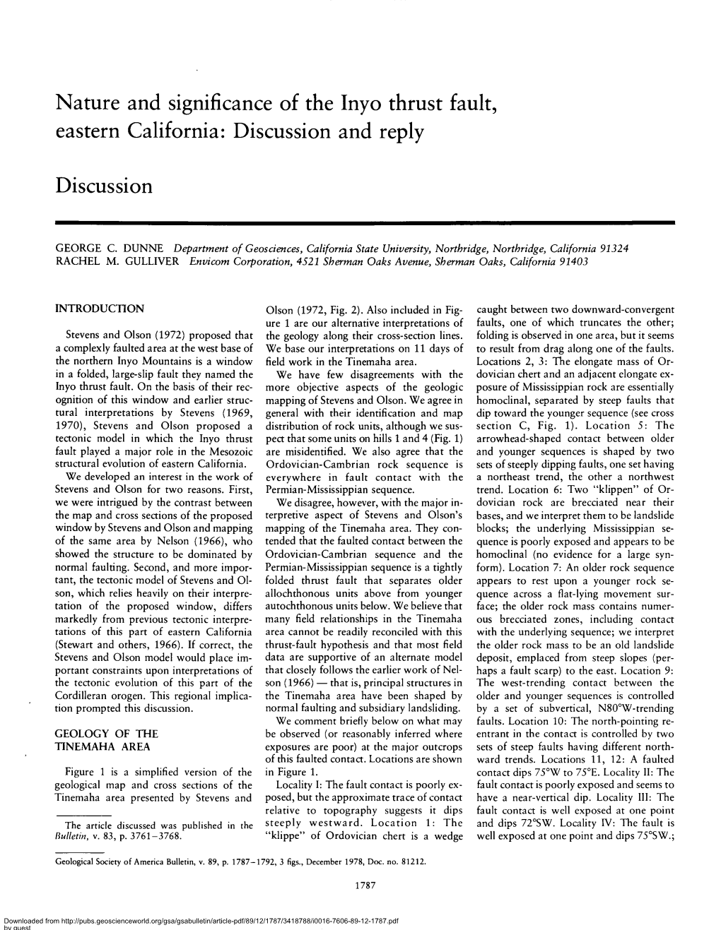 Nature and Significance of the Inyo Thrust Fault, Eastern California: Discussion and Reply