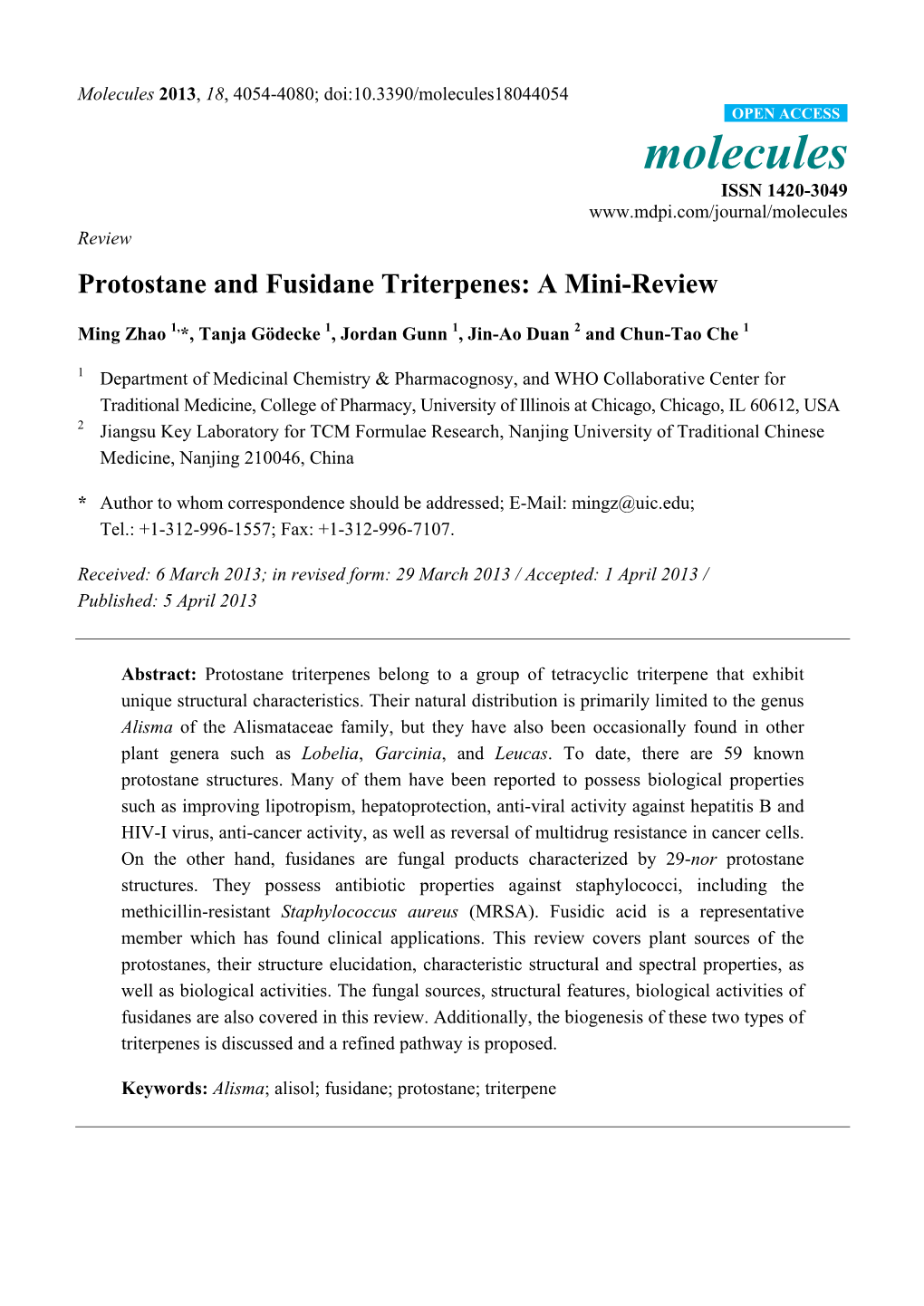 Protostane and Fusidane Triterpenes: a Mini-Review