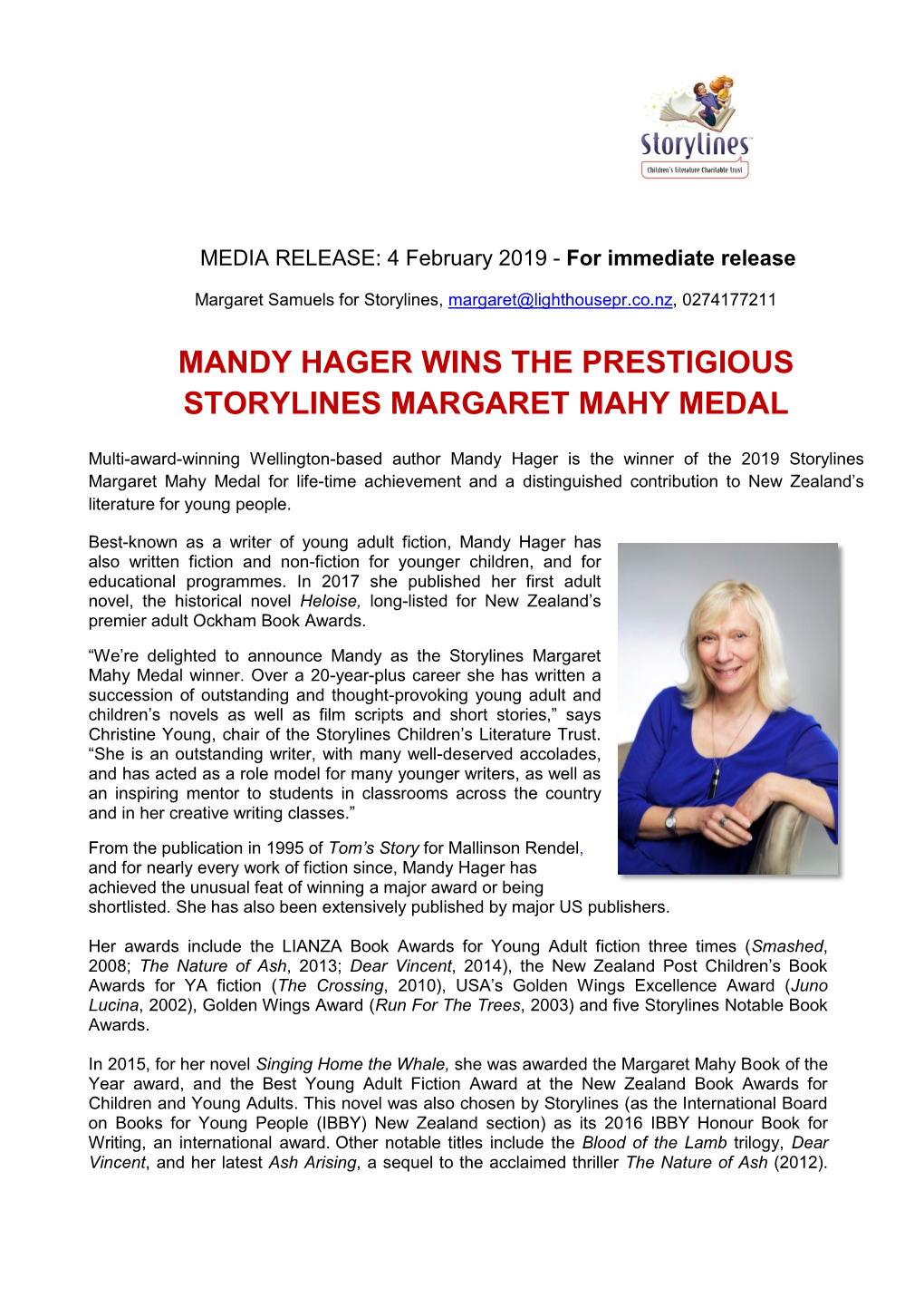 Mandy Hager Wins the Prestigious Storylines Margaret Mahy Medal