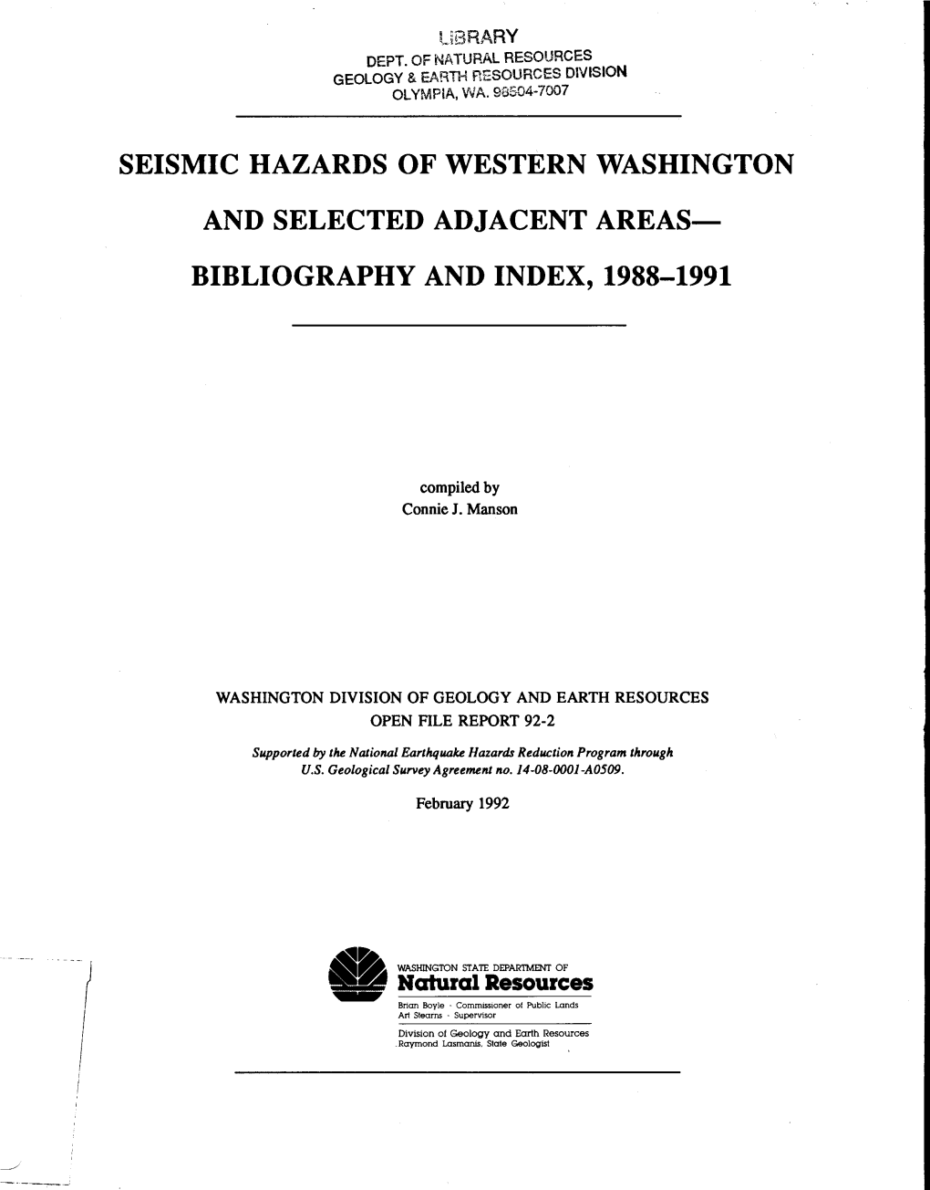 Seismic Hazards of Western Washington and Selected Adjacent Areas­ Bibliography and Index, 1988-1991