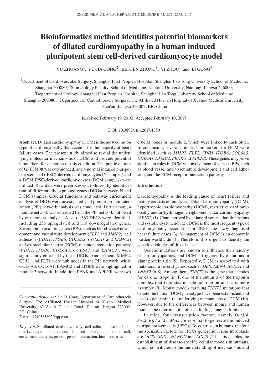 Bioinformatics Method Identifies Potential Biomarkers of Dilated Cardiomyopathy in a Human Induced Pluripotent Stem Cell‑Derived Cardiomyocyte Model