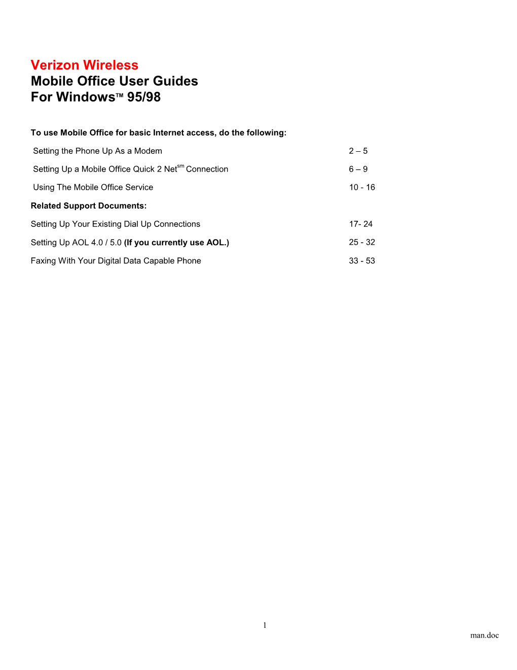 Verizon Wireless Mobile Office User Guides for Windowstm 95/98