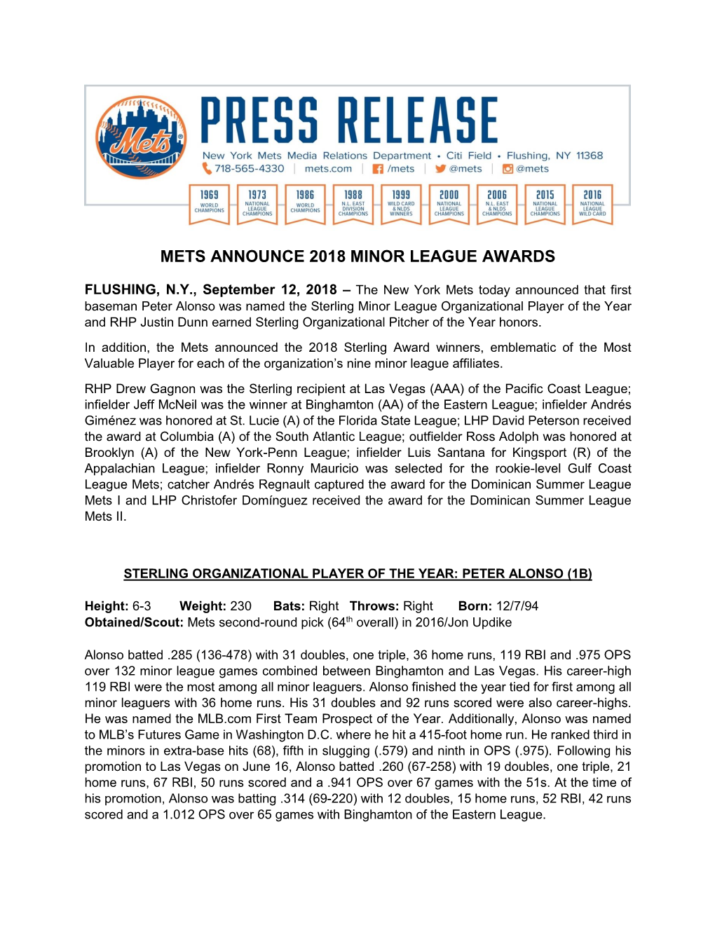 Mets Announce 2018 Minor League Awards