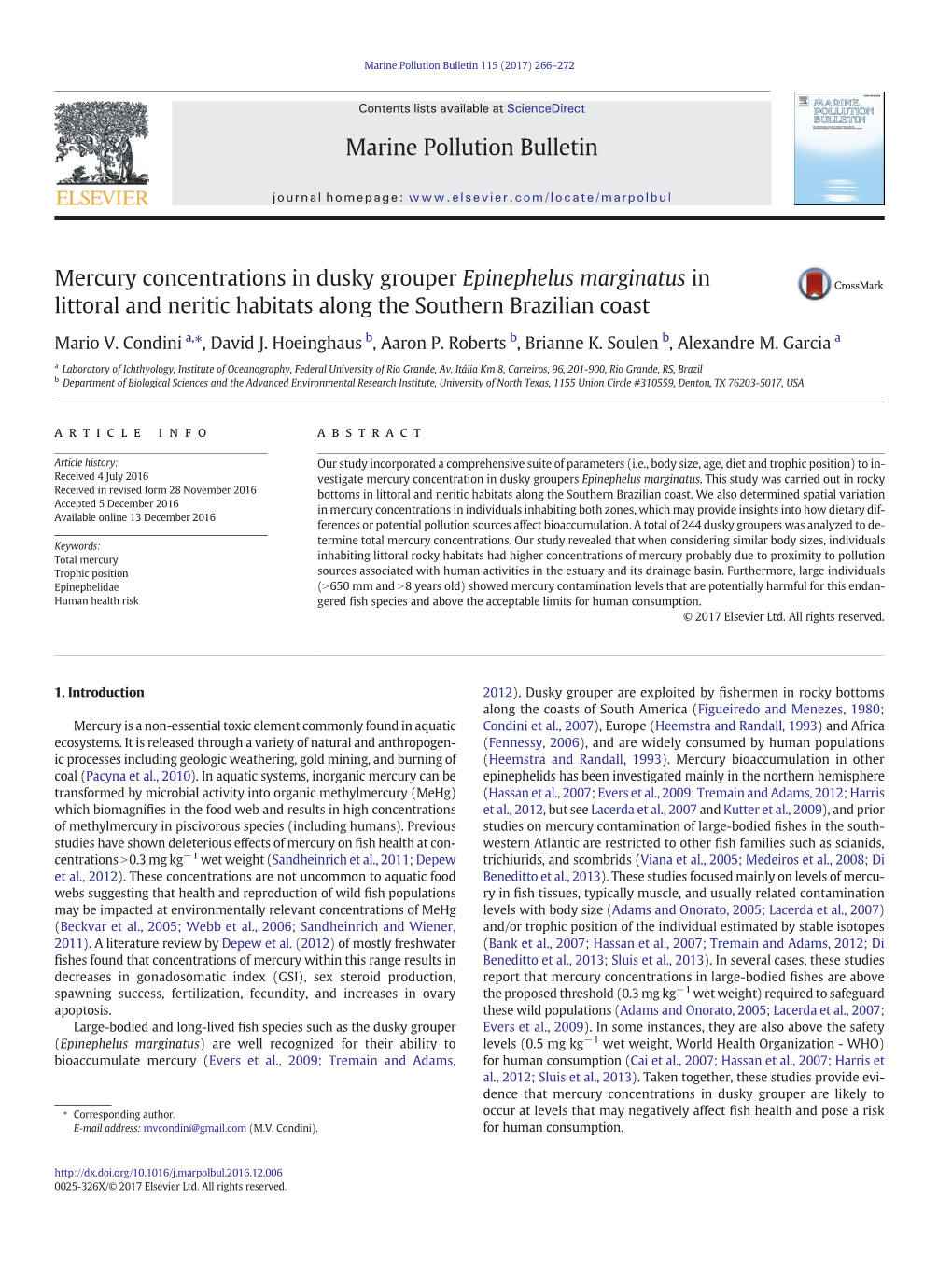 Mercury Concentrations in Dusky Grouper Epinephelus Marginatus in Littoral and Neritic Habitats Along the Southern Brazilian Coast