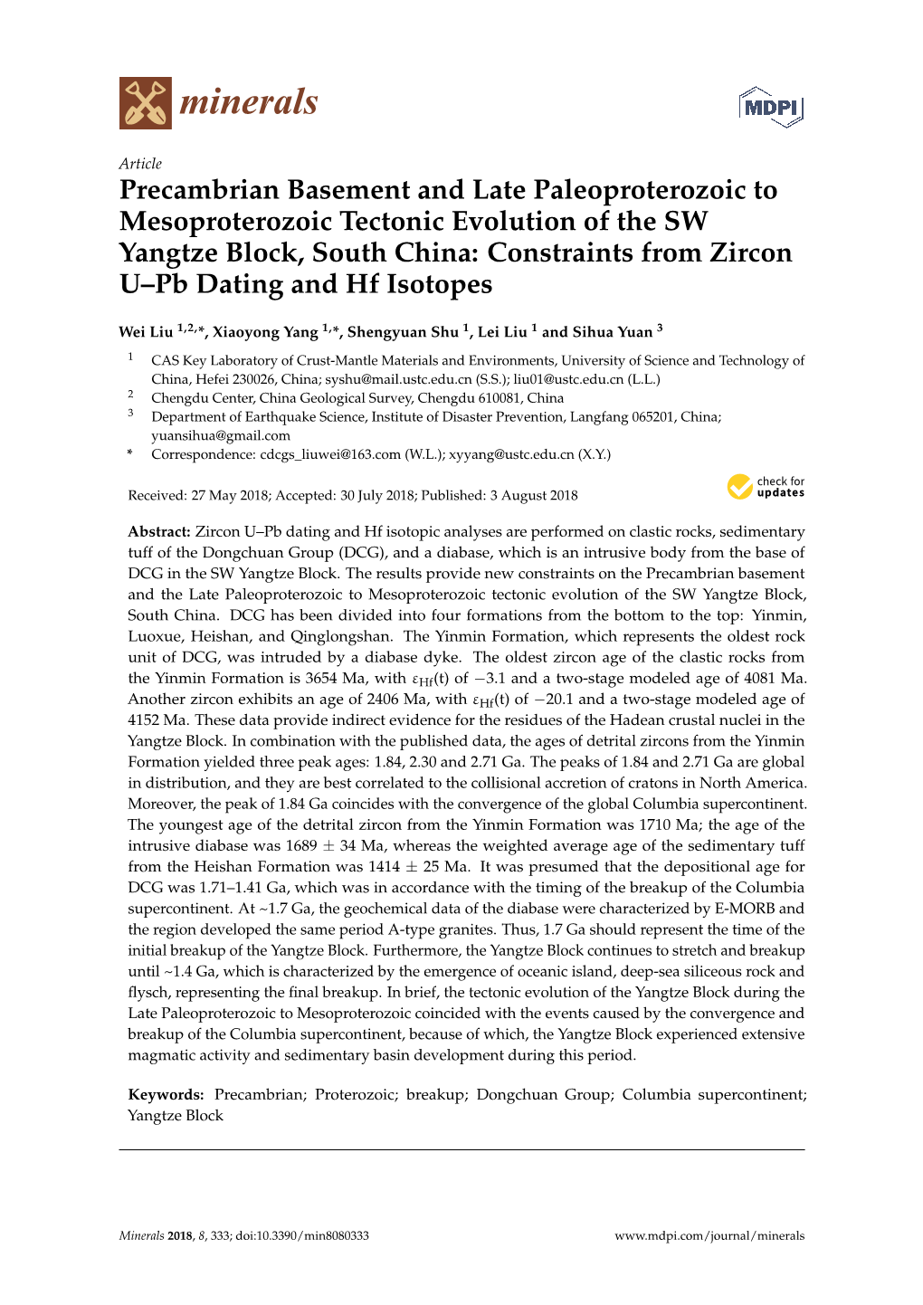 Precambrian Basement and Late Paleoproterozoic to Mesoproterozoic Tectonic Evolution of the SW Yangtze Block, South China