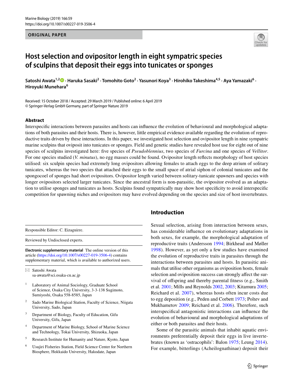 Host Selection and Ovipositor Length in Eight Sympatric Species of Sculpins That Deposit Their Eggs Into Tunicates Or Sponges