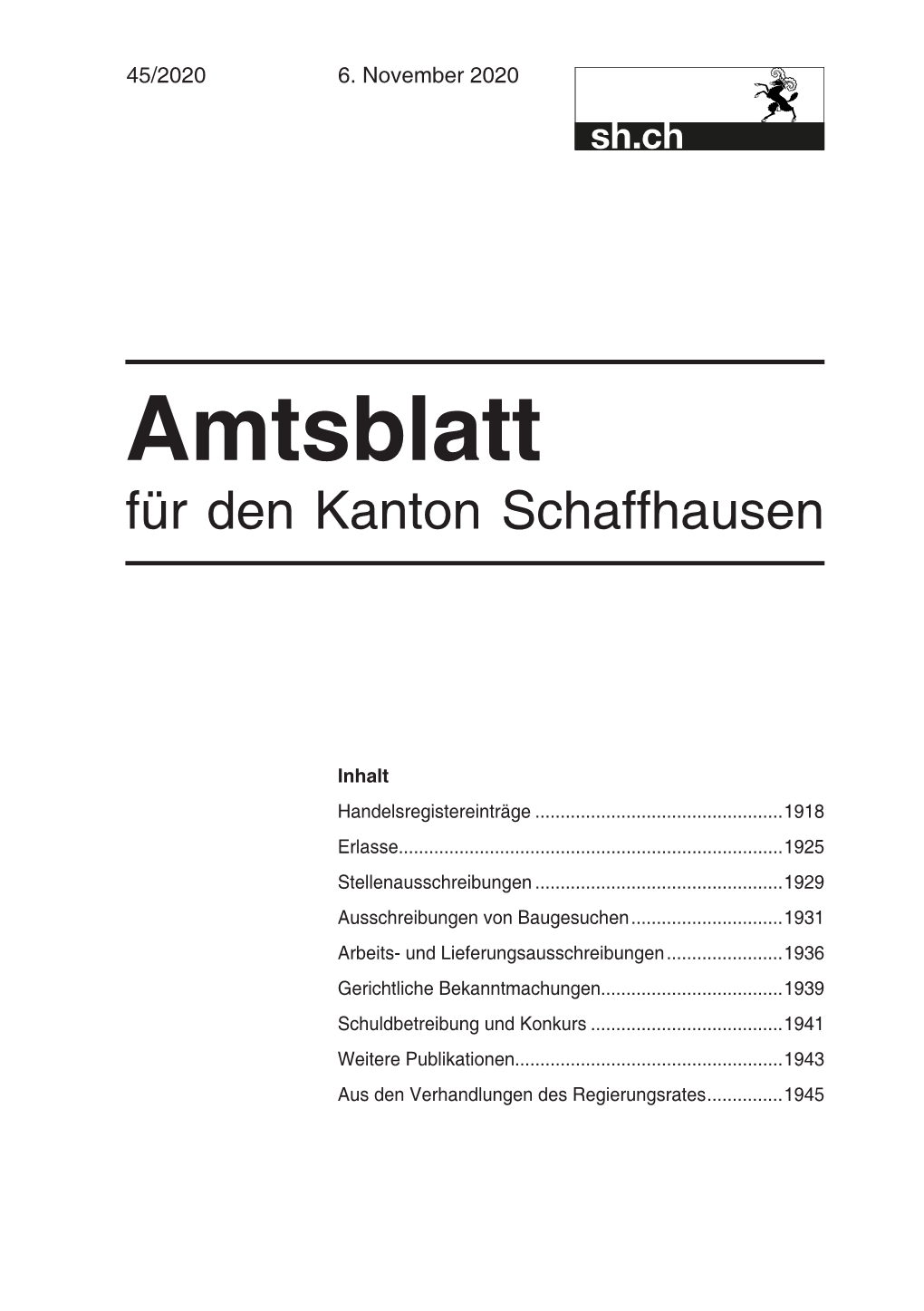 Amtsblatt Für Den Kanton Schaffhausen