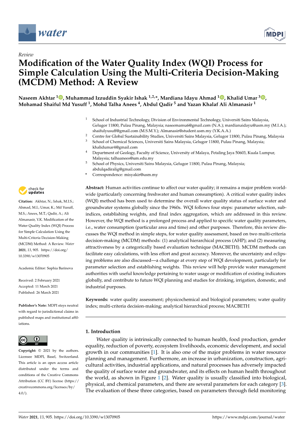 Modification of the Water Quality Index (WQI)