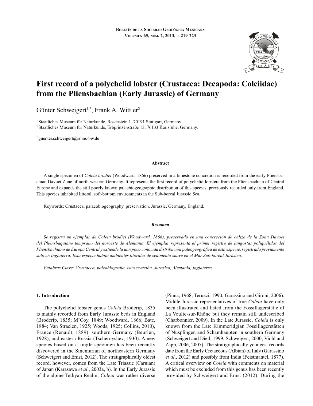 First Record of a Polychelid Lobster (Crustacea: Decapoda: Coleiidae) from the Pliensbachian (Early Jurassic) of Germany