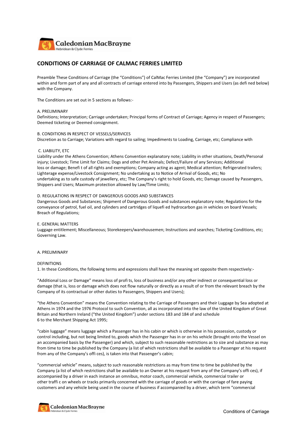 Conditions of Carriage of Calmac Ferries Limited