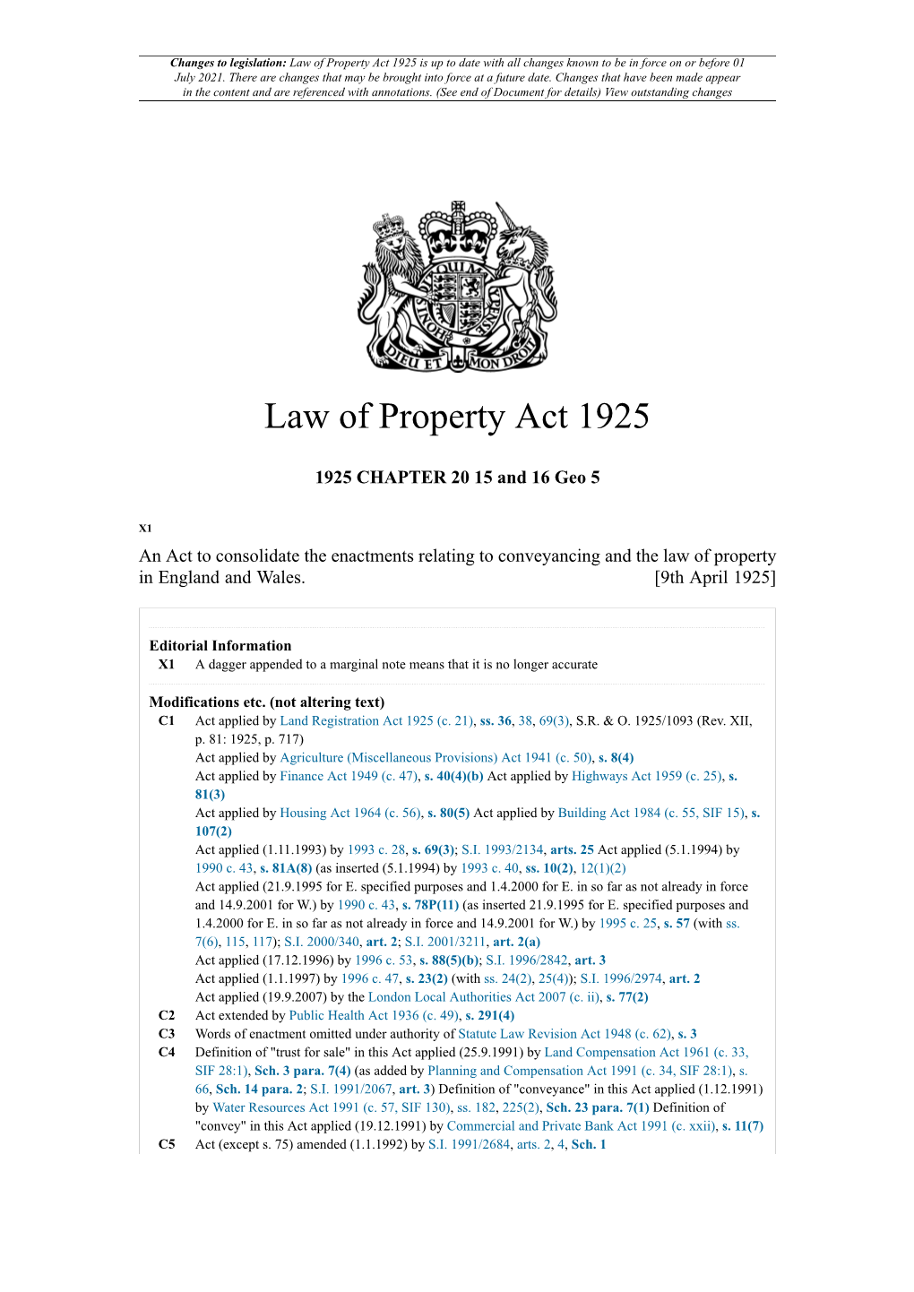 Law of Property Act 1925 Is up to Date with All Changes Known to Be in Force on Or Before 01 July 2021