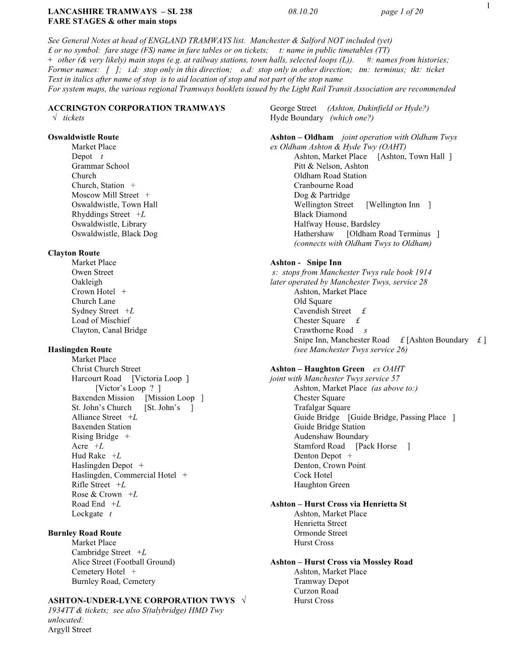 LANCASHIRE TRAMWAYS – SL 238 08.10.20 Page 1 of 20 FARE STAGES & Other Main Stops