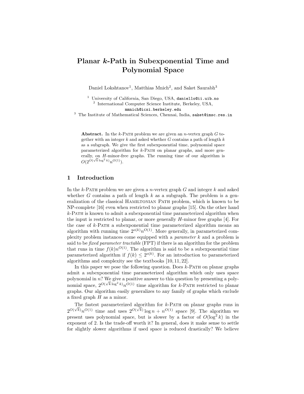 Planar K-Path in Subexponential Time and Polynomial Space