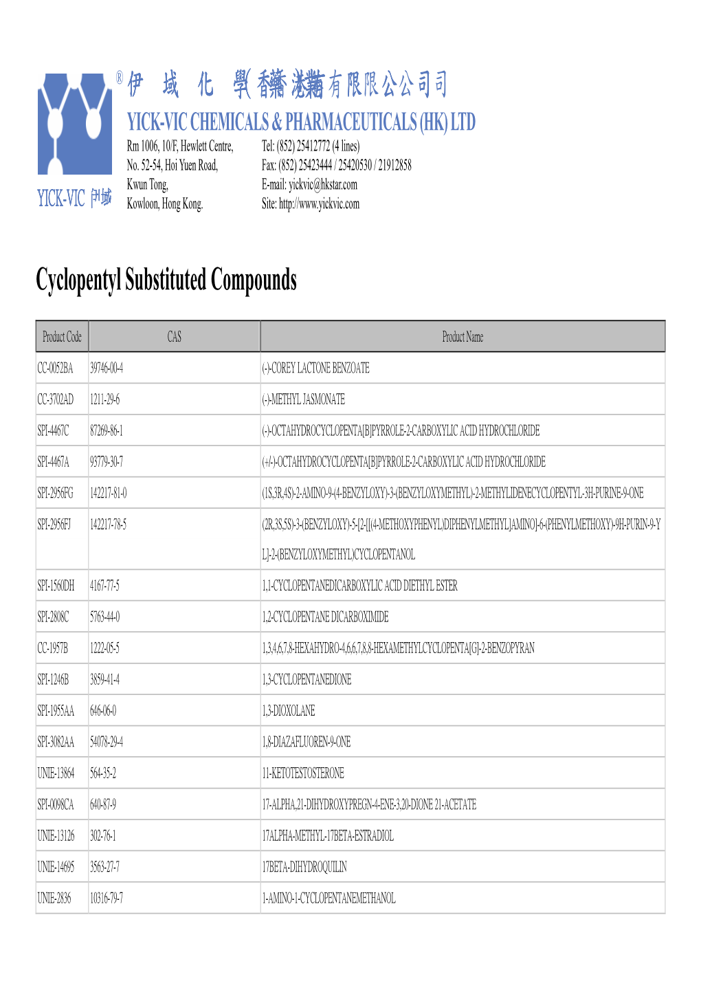 伊域化學藥業（香港）有限公司 Cyclopentyl Substituted Compounds