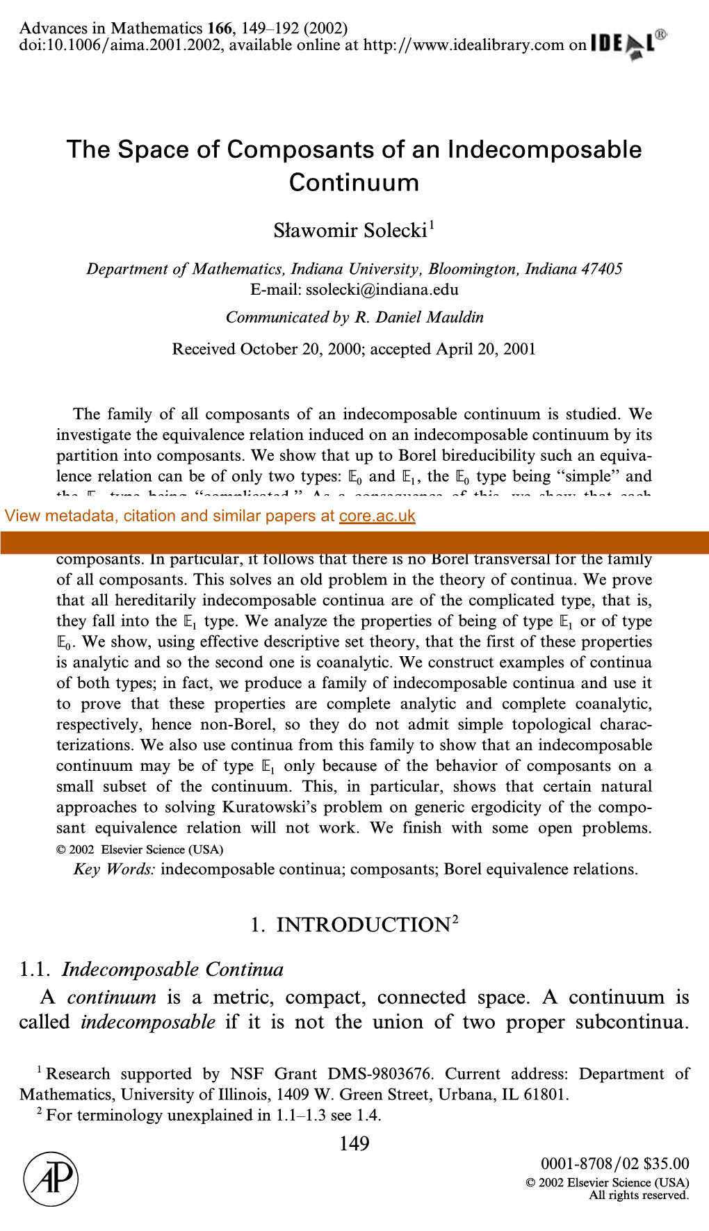 The Space of Composants of an Indecomposable Continuum