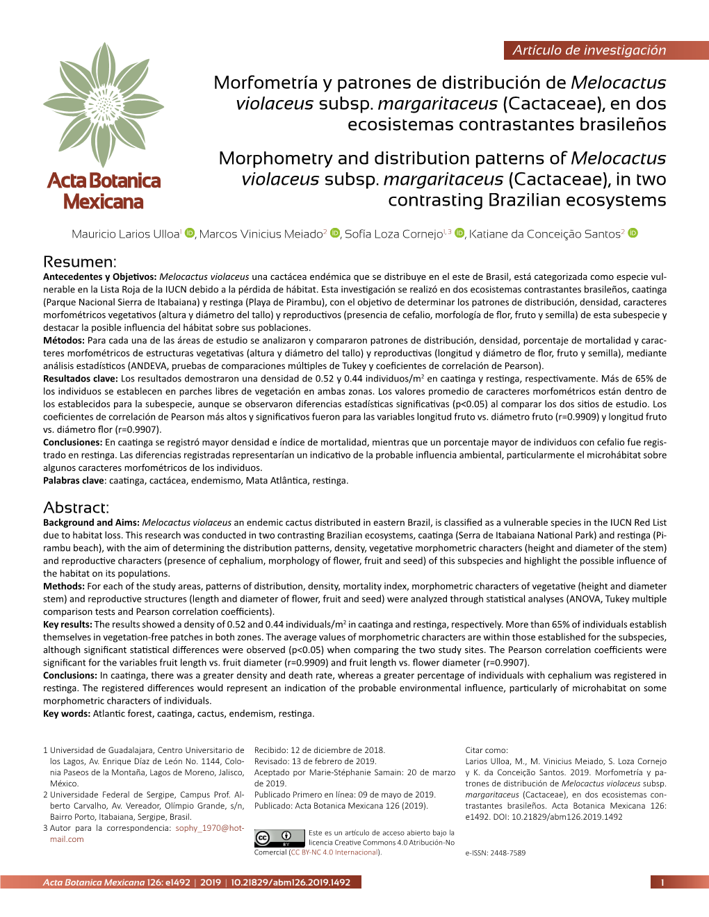 Morfometría Y Patrones De Distribución De Melocactus Violaceus Subsp