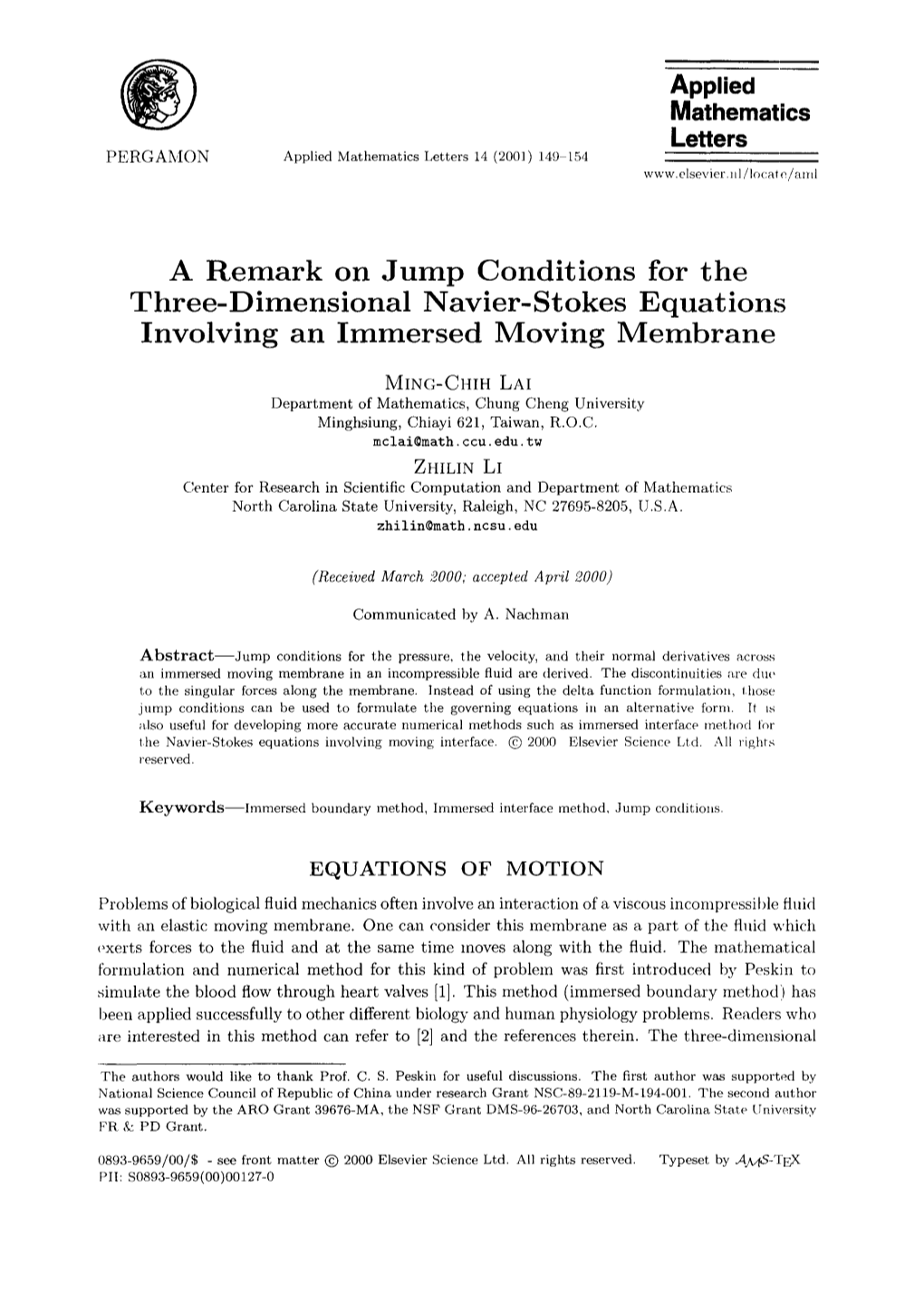 Applied Mathematics Letters a Remark on Jump Conditions for The