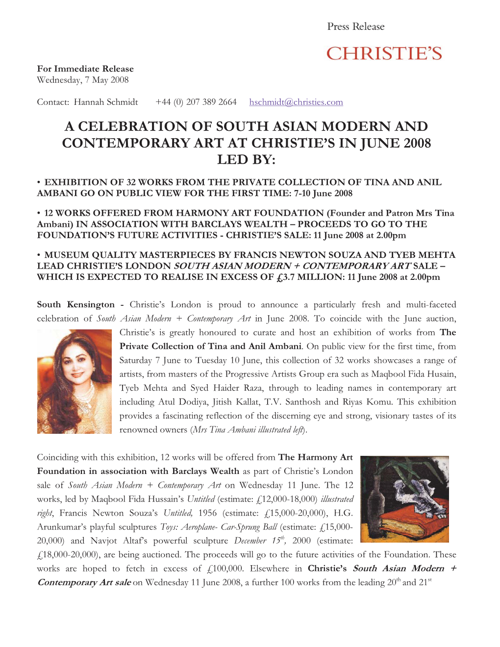 A Celebration of South Asian Modern and Contemporary Art at Christie's in June 2008 Led